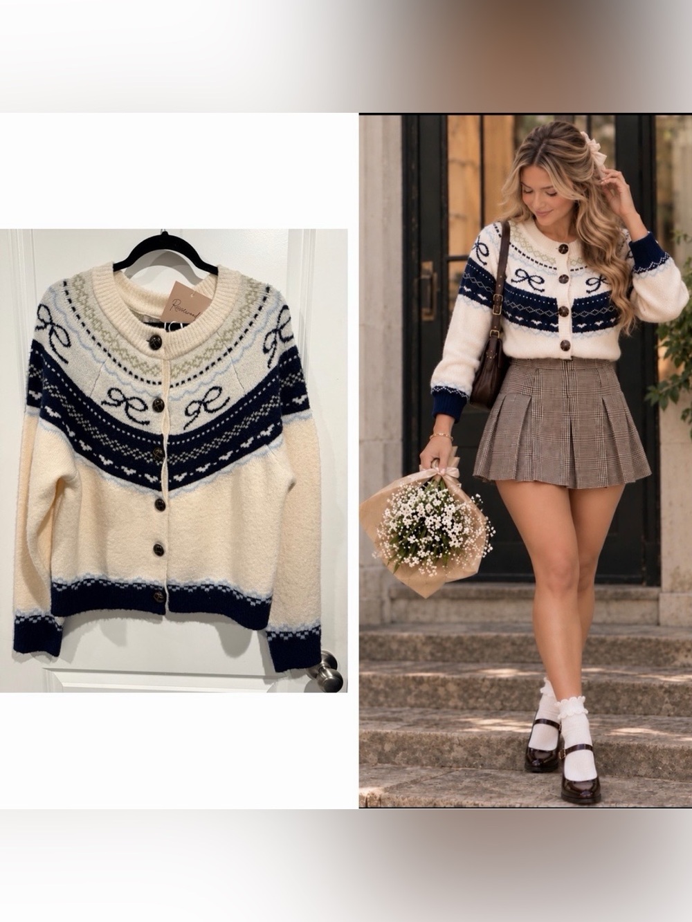 NWT Rosewood Coquette Cottagecore Fair Isle Bow Knit Cardigan Sweater sz L